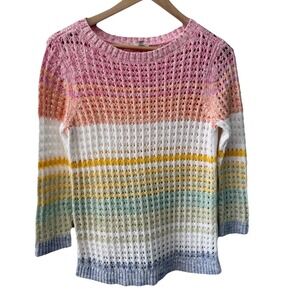 Talbots Sweater MP Multicolor Striped Open Knit Cotton‎ Crew Neck 3/4 Sleeve